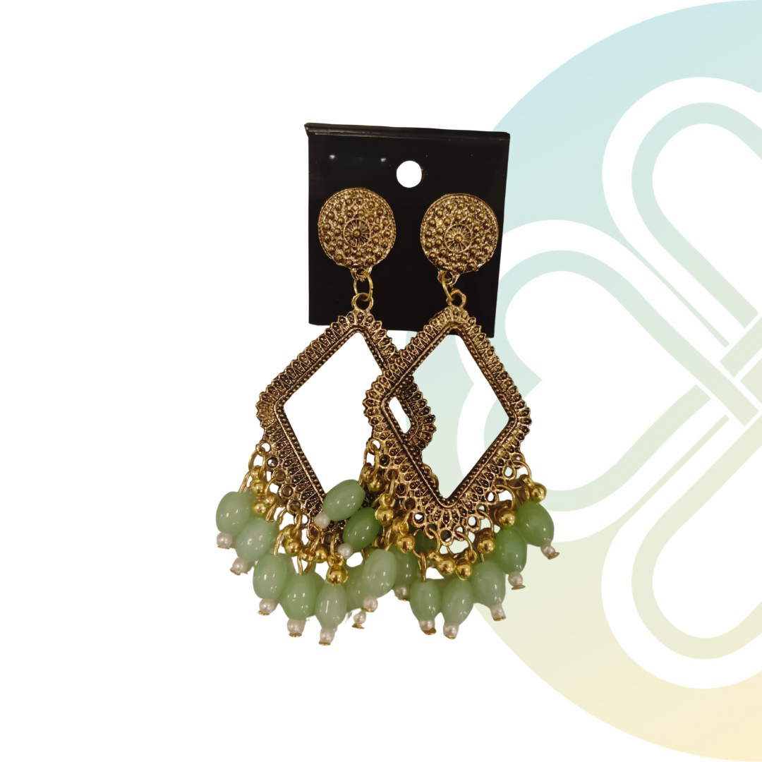 Pastel Green Diamond Moti Jhumka -Gold