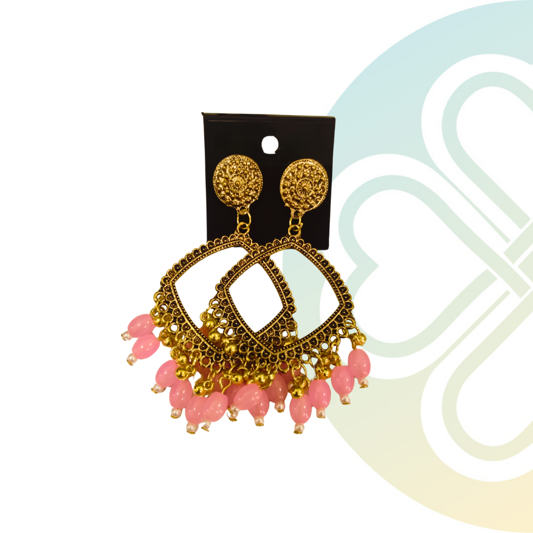 Pastel Pink Rhombus Moti Jhumka -Gold