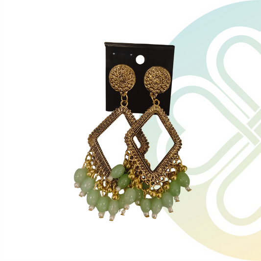 Pastel Green Diamond Moti Jhumka -Gold