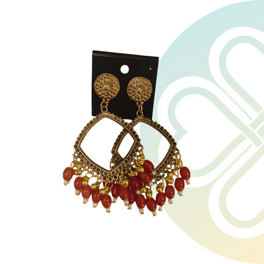 Red Rhombus Moti Jhumka -Gold