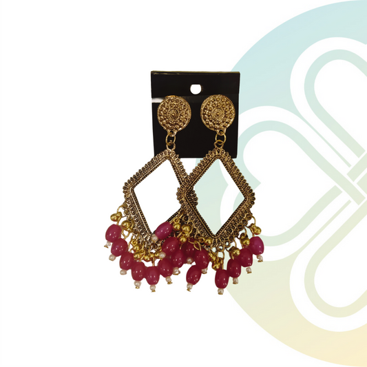 Magenta Diamond Moti Jhumka -Gold