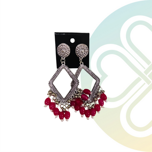 Magenta Diamond Moti Jhumka -Silver