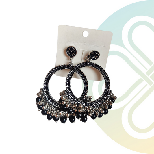 Black Round Moti Jhumka -Silver