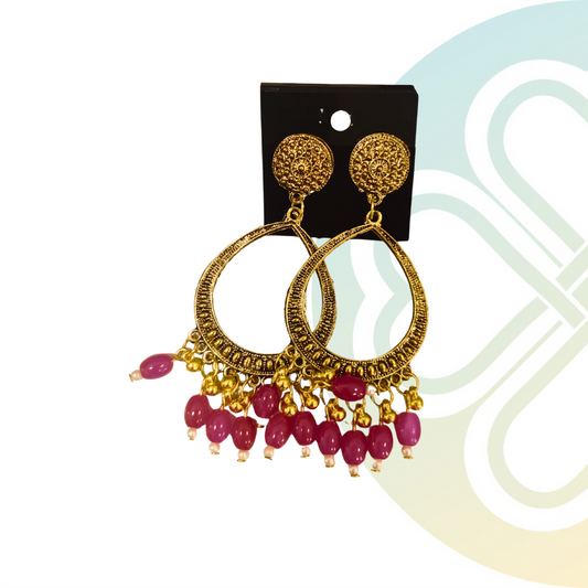 Magenta Drop Moti Jhumka -Gold