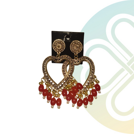 Red Heart Moti Jhumka -Gold