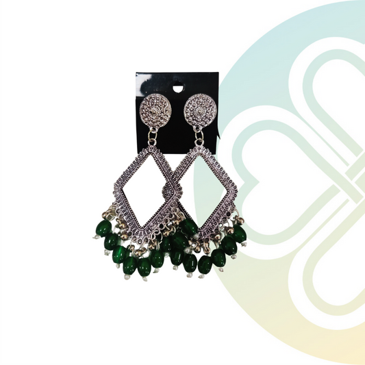 Emerald Diamond Moti Jhumka -Silver