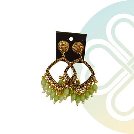 Pastel Green Rhombus Moti Jhumka -Gold